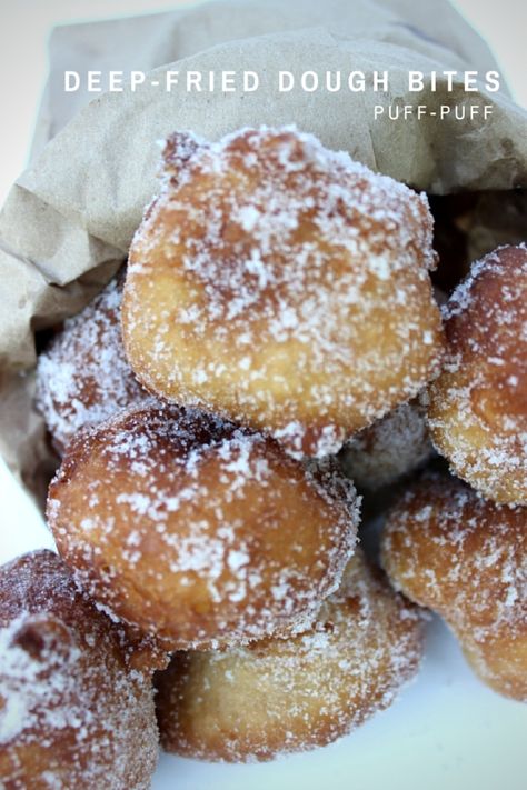 Easy street snack popular in west Africa, Deep-Fried Dough Bites (Puff-Puff) also called is a bofrot is a light & fluffy deep-fried dough similar to Zeppole Fried Dough Recipes, Fried Recipes, Carnival Food, Puff Puff, Fry Bread, Doughnut Recipe, Fried Dough, Funnel Cake, Fair Food Recipes