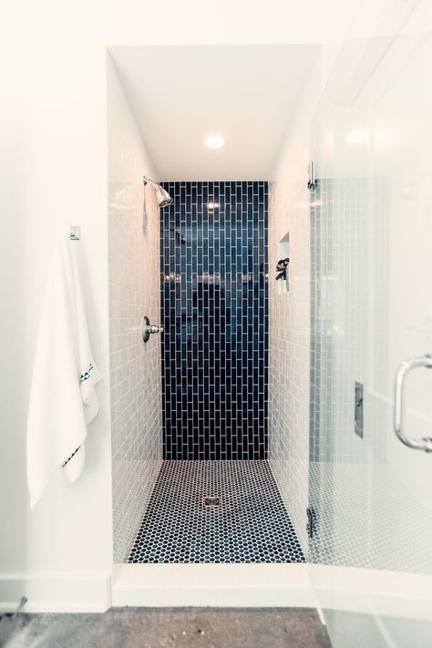 Shower Cubicle Tiles, Navy Blue Accent Tile Shower Wall, Navy And White Bathroom Floor Tile, Tiled Shower Cubicle, Mixing Bathroom Tile, Navy And White Shower Tile, Shower With Blue Tile, Navy And White Tile Bathroom, Navy Blue Bathroom Tile Ideas