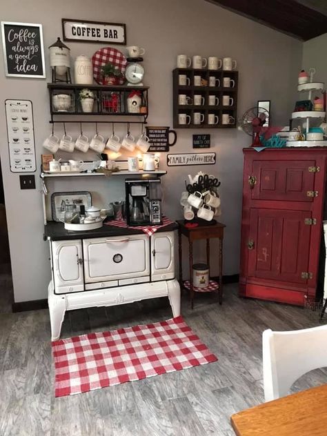 Farmhouse Stove Decor, Old Country Decorating Ideas, Vintage Stove Coffee Bar, Antique Stove Repurposed, Antique Stove Coffee Bar, Vintage Stove Repurpose, Old Stoves Vintage Country Kitchens, Old Stove Repurposed, Bus Kitchen