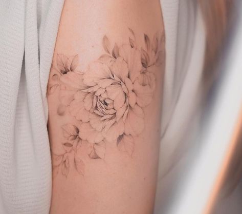 Soft Flower Tattoo Half Sleeves, Light And Airy Flower Tattoo, Elegant Womens Tattoos, Peony Tattoo Bicep, Light And Airy Floral Tattoo, Floral Shoulder Cap Tattoo Fine Line, Lightly Shaded Flower Tattoo, Back Of Elbow Flower Tattoo, Faded Tattoo Style