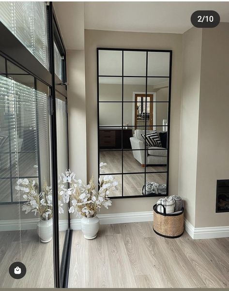 Grid Mirror Living Rooms, Mirror Wall Decor Hallway, Behind Door Entryway Ideas, Passage Mirror Ideas, Decor With Gray Walls, Large Square Mirror Ideas, Black And Wood Aesthetic, Apartment Decorating Living, Hallway Design