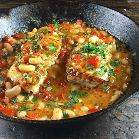 Seared Halibut, Medeteranian Fish Recipes, Turbo Fish Recipes, Halibut Tomato Recipes, Recipes For Halibut, Fish And Tomatoes Recipes, Cod And White Beans, Halibut In Tomato Sauce, Fish In Tomato Basil Sauce