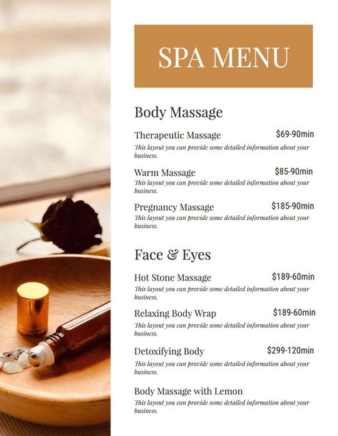 Spa Party Menu Of Services, Spa Menu Design Layout, Massage Menu Ideas, Spa Service Menu Ideas, Spa Price List Design, Spa Menu Ideas, Salon Menu Design, Spa Menu Design, Massage Flyer