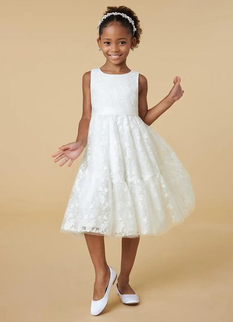 Diamond White Azazie Edie A-Line Sequins Lace Tea-Length Dress | Azazie Flower Girls Dresses Simple, Flower Girl Dresses White, Jasper Wedding, Lace Tea Length Dress, Tea Length Flower Girl Dress, Plus Size Bridal Dresses, White Dress Formal, White Flower Dress, Girls White Dress