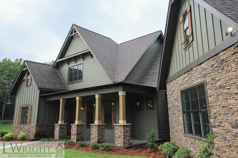 The lap siding is Sherwin Williams Eclipse, Shakes are Connected Gray and the trim is Black Fox Sherwin Williams Connected Gray, Lake House Exterior, Gray Exterior, Lake Houses Exterior, Indian Lake, Building Company, Exterior Paint Colors For House, House Siding, Building Companies