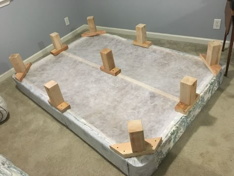 Diy Box Spring, Diy King Bed Frame, Diy King Bed, Diy Bed Frame Easy, Build A Bed, Bed Frame Diy, Box Spring Bed Frame, Diy Platform Bed, Bed Risers