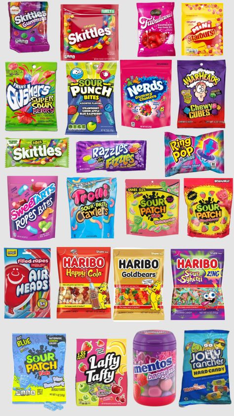 Popular Candy Brands, Gummies Candy, Candy Salad, Sour Skittles, Spicy Candy, Burr Basket, Popular Candy, Bday List, Types Of Candy