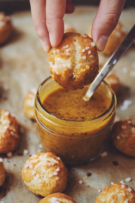 vegan pretzel bites with spicy mustard dip | RECIPE on hotforfoodblog.com Vegan Pretzel Bites, Hot For Food, Vegan Apps, Mustard Dip, Vegan Party Food, Spicy Mustard, Maple Mustard, Vegan Party, Dessert Party