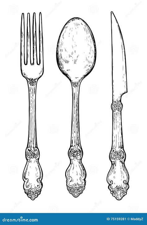 Hand Drawn Vintage Silver Cutlery. Stock Vector - Illustration of meal, drawn: 75159281 Cutlery Drawing, Fork Tattoo, Spoon Illustration, Spoon Wall Art, Spoon Drawing, 642 Things To Draw, Glow Crafts, Cutlery Art, Vintage Decoupage