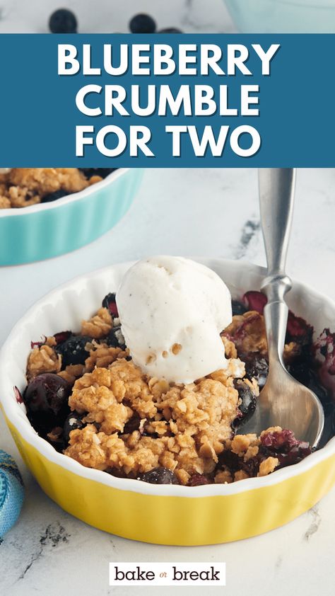 This blueberry crumble for two pairs jammy blueberries with an irresistible cinnamon-spiced oat topping for a summery small-batch dessert! Blueberry Oat Crumble, Blueberry Crisp For Two, Blueberry Crisp For One, Blueberry Cobbler Small Batch, Small Batch Blackberry Cobbler, Ramekin Recipes Dessert For Two, Small Batch Blueberry Crisp, Blueberry Dessert For Two, Blueberry Cobbler For Two