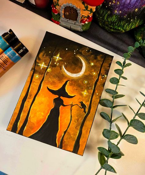 Original halloween witch painting Easy Art Diy Ideas, Rock Halloween Painting, Easy Painting Ideas For Halloween, Halloween Painting With A Twist, Witch Canvas Painting Diy, Easy Acrylic Halloween Paintings, Halloween Decorations Painting, Halloween Pour Painting, Halloween Theme Painting