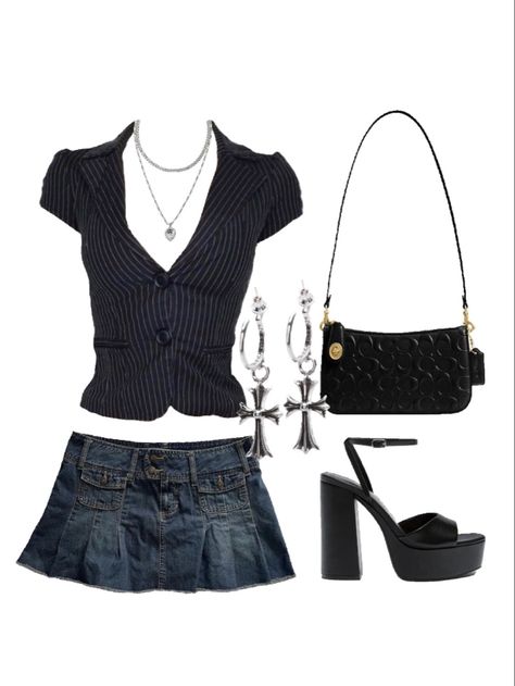 Outfit inspo y2k fashion cyber fashion style. Denim mini skirt, earrings, coach bag, platform heels, button up Demin Mini Skirt Y2k, Early 2000s Denim Skirt Outfit, 90s Denim Mini Skirt Outfit, Denim Two Piece Outfit Y2k, Mini Skirt Outfit Pleated, Denim Skirt 2000s Outfit, Y2k Outfits Denim Skirt, Early 2000s Skirt Outfits, Y2k Fashion Denim