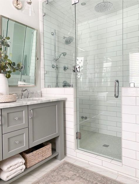 Half Wall Shower, Knee Wall, Pony Wall, Light Grey Walls, Transitional Bathroom, Coastal Bathrooms, Shower Niche, Bathroom Remodel Shower, Basement Bathroom