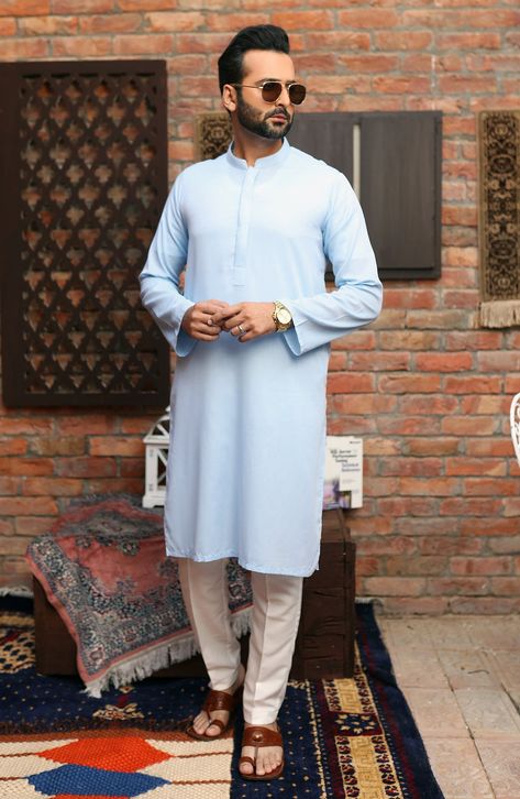 Fabric: WASH N WEAR Plain soft cotton Sky Blue kurta with double placket,band collar & round specified kurta sleeves. Blue Kurta, Men Kurta, Kurta Men, Boys Kurta, Dusky Blue, Men Formal, Band Collar, Kurta Set, Top Fabric