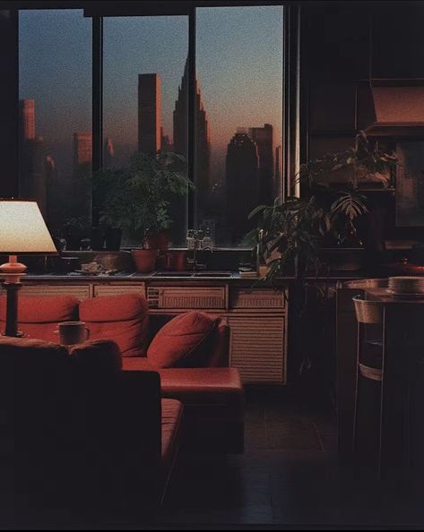 80s Apartment Aesthetic, 80s Penthouse, City Apartment Aesthetic, 80s Apartment, Ashley Core, Penthouse Aesthetic, Red Interior Design, Retro Homes, 80s Interior Design