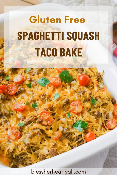 Low carb Spaghetti Squash Taco Bake roasts fluffy spaghetti squash and melts it into seasoned ground meat, tomatoes, onion, corn, beans, and tops it off with melty cheese and fresh cilantro for the perfect healthy taco-inspired casserole! #glutenfreerecipe #healthyfood #dinnertonight Health Spaghetti Squash Recipes, Taco Spaghetti Squash Casserole, Spaghetti Squash Recipes Taco, Taco Stuffed Spaghetti Squash, Taco Spaghetti Squash Recipes, Spaghetti Squash Taco Bake, Ground Beef And Spaghetti Squash, Recipes With Spaghetti Squash, Taco Spaghetti Squash