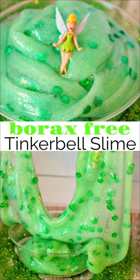 We are big Disney fans in our house and my kids especially love Tinkerbell. I loved learning how to make Tinkerbell slime without borax. The kids love this super stretchy slime recipe. #slime #slimerecipe #boraxfreeslime Princess Slime Recipe, Disney Activities For Kids, Mermaid Slime Party, Disney Games For Kids, How To Make Slime In The Classroom, Slime Recipe For Classroom, Disney Slime, Disney Lessons, Disney Crafts For Kids