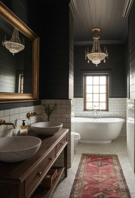 26+ Moody Bathroom Ideas That Are Elegant & Dreamy (2024) Small Chic Bathroom Ideas, Dark Ceiling Bathroom Ideas, Clawfoot Tub Bathroom Master Bath, Modern Victorian Powder Room, 1920 Style Bathroom, Moody Bathroom With White Tile, Moody Bathroom White Tile, Blue Victorian Bathroom, Master Bath With Wallpaper