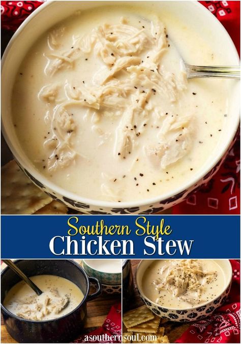 There’s few things as comforting as a bowl of homemade chicken stew. This classic, “Southern Style” recipe has been around for generations. It’s full of tender chicken in a creamy broth seasoned with salt and pepper. It’s simple, straightforward and absolutely delicious! #asouthernsoul #chickenstew #southerstylestew #stew #chicken #chickensoup #recipe #southernclassic Easy Chicken Stew Recipes, Foodsaver Recipes, Chicken Mull, Southern Chicken Stew Recipe, Homemade Chicken Stew, Southern Chicken Stew, Southern Style Chicken, Easy Chicken Stew, Stew Chicken