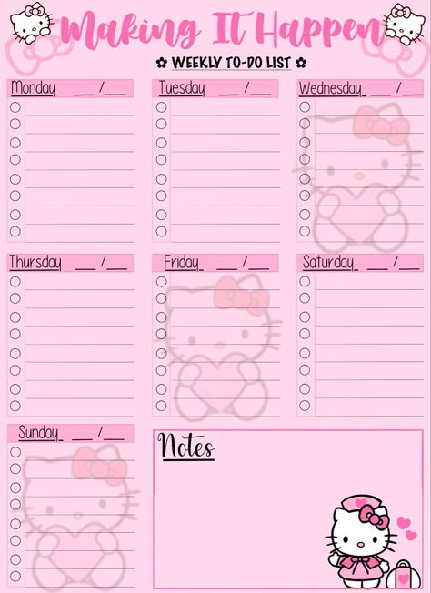 Sanrio School Printables, Cute Shopping List Template, Chart Template Aesthetic, Sanrio To Do List, Sanrio Weekly Planner, Hello Kitty Weekly Planner, Hello Kitty Schedule, Hello Kitty Planner, Hello Kitty School