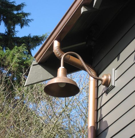 Copper Gooseneck Lighting for 1920s Craftsman Style Home | Blog | BarnLightElectric.com 1920s Craftsman, Gooseneck Lighting, Farmhouse Exterior Colors, Barn Light Electric, Pintura Exterior, Brick Exterior House, Craftsman Style Home, Modern Farmhouse Exterior, Copper Lighting