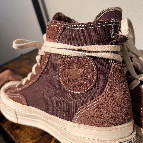 Look what I just bought on Depop 🙌 https://depop.app.link/e94gsccvbwb Patchwork Converse, Converse Brown, Vintage Patchwork, Brown Suede, High Tops, Converse, Closet, Clothes, Patchwork