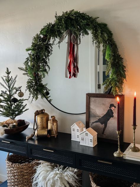 Christmas Front Entrance Table, Garland Entry Table, Console Christmas Decoration, Modern Farmhouse Christmas Living Room, Where To Hang Wreaths In House, Credenza Christmas Decor, Christmas Decor Ideas For Foyer, Christmas Decor Tv Console, Entry Way Christmas Decor Ideas