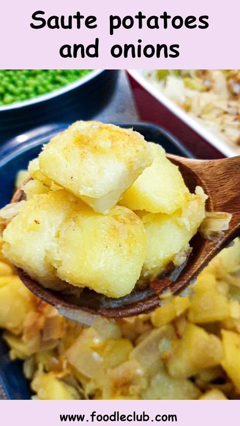 A spoonful of saute potatoes and onions held over a serving dish. Breakfast Potatoes And Onions, Breakfast Potatoes With Onions, Saute Potatoes And Onions, Easy Fried Potatoes And Onions Skillet, Skillet Fried Potatoes And Onions, Potato Side Dishes Easy, Savoury Mince, Onion Casserole, Sauteed Potatoes