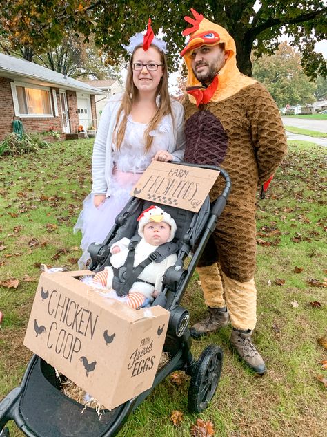 Chicken Family Halloween Costumes, Chicken Stroller Diy, Farmer And Chicken Family Costume, Chicken Farmer Costume, Chicken Coop Stroller Halloween, Farmer Costume Family, Chicken And Farmer Halloween Costume, Farmer And Chicken Costume, Chicken Coop Halloween Costume