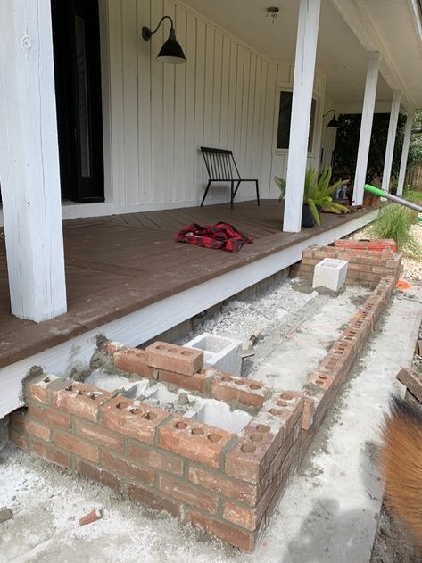 Brick Tile Porch, Large Front Steps Porch Ideas, Small Brick Porch Ideas, Back Porch Brick Steps Ideas, Brick House Back Porch, Steps To Front Porch, How To Build Brick Steps, Diy Brick Steps, Brick Steps Front Porch Farmhouse