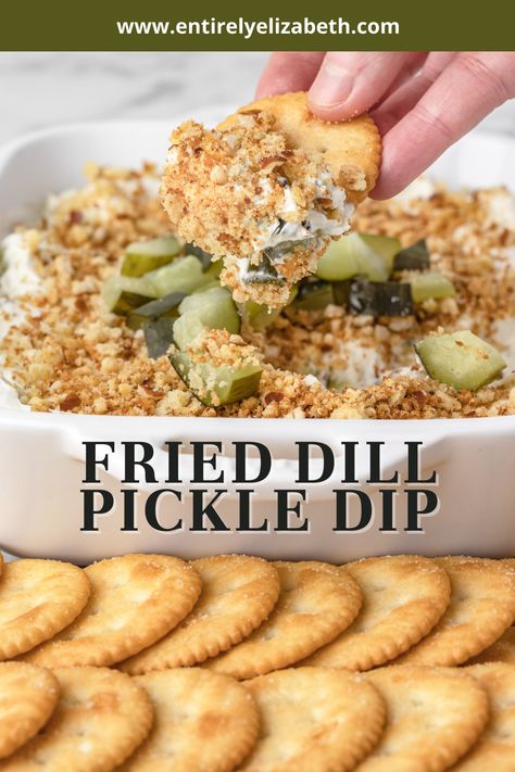 This Fried Dill Pickle Dip tastes exactly like a fried dill pickle dipped in ranch! It takes 10 minutes to whip up and is the perfect crowd pleasing appetizer. Deep Fried Dill Pickle Dip, Cheesy Fried Pickle Dip, Cheesy Baked Ranch Pickle Dip, Dip For Ritz Crackers Simple, Fried Pickles Dip, Best Dips And Appetizers, Dips And Appetizers Recipes, Best Chips And Dip, Dill Pickle Dip With Ranch Seasoning