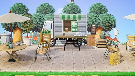 Animal Crossing Bistro Ideas, Acnh Barbeque Area, Animal Crossing Coffee Truck, Animal Crossing Barbecue Area, Animal Crossing Bistro Table, Acnh Bistro Table, Acnh Bistro Table Ideas, Outdoor Cafe Anch, Animal Crossing Coffee