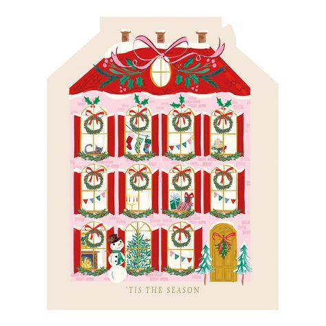 Christmas House Die-Cut Boxed Holiday Cards 15 Count - World Market Pink Advent Calendar, Gift Tag Display, Sandwich Poster, Holiday Packaging Design, Boxed Holiday Cards, Jam Sandwich, Christmas Marketing, Christmas Card Display, Retro Christmas Cards