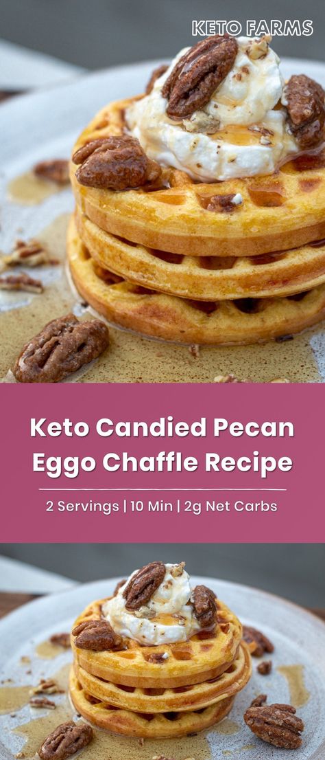 Keto Candied Maple Pecans + Eggo Chaffles – Keto Farms Peanut Butter Brownie Bites, Keto Whipped Cream, Keto Candy, Sugar Free Maple Syrup, Waffles Maker, Maple Pecan, Roasted Pecans, Sugar Free Syrup, Candied Pecans