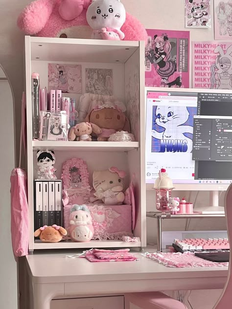 room decor Sanrio Bedroom, Sanrio Room, Kawaii Bedroom, Kpop Room, Pink Room Decor, Cute Rooms, Desk Inspo, Study Room Decor, Girly Room