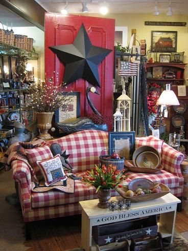 The Red Brick Cottage in Radcliff, KY. Shopped here for years.    OMG I love this store Red Farmhouse Decor, Red Brick Cottage, Cottage Sofa, Country Accessories, Americana Farmhouse, Americana Design, Brick Cottage, Primitive Living Room, Primitive Bathrooms