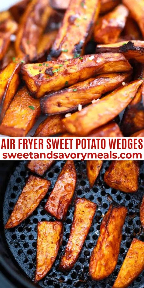 Airfryer Vegetables, Air Fryer Sweet Potato Wedges, Air Fryer Sweet Potato Fries, Frozen Sweet Potato Fries, Freeze Sweet Potatoes, Crispy Sweet Potato Fries, Crispy Sweet Potato, Sides Recipes, Savory Meals