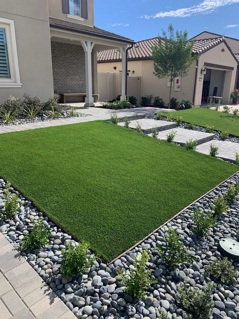 Modern Yards Landscape, Front Yard Fence Landscaping Ideas, Turf And Pavers Front Yard Ideas, Backyard Landscaping Turf And Rocks, Turf Front Yard Landscaping, Turf Landscape Design, Front Yard With Turf, Paver Ideas For Backyard, Front Yard Landscaping Turf