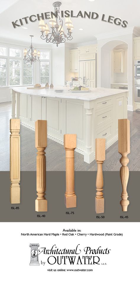 Kitchen Island With Spindles, Kitchen Island Corner Post, Kitchen Island Detailing, Decorative Legs On Kitchen Island, Kitchen Island With Legs Ideas, Turned Legs On Kitchen Island, Island Corbels Kitchen, Kitchen Island Legs Diy, Add Legs To Kitchen Island