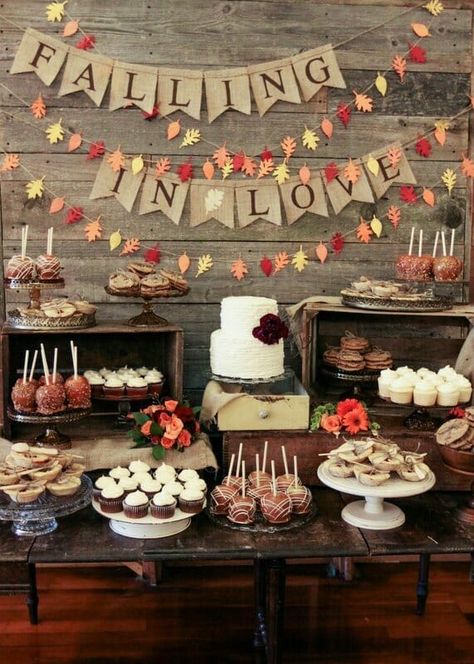 Rustic Food Display, Fall Desserts Table, Rustic Dessert Table, Autumn Wedding Food, Fall In Love Bridal Shower, Shower Desserts, Wedding Themes Fall, Rustic Fall Wedding, Fall Bridal Shower