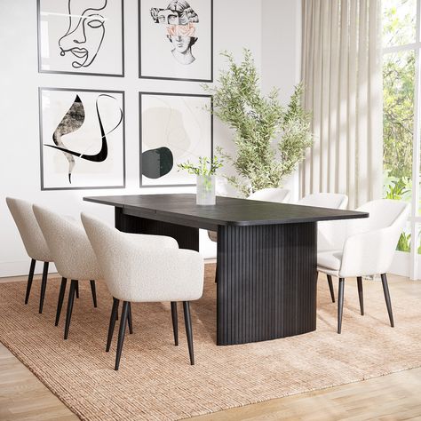 Black Extendable Dining Table, Cream Dining Room, Boucle Chairs, Boucle Dining Chairs, Beige Dining Room, Extendable Dining Table Set, Set Meja Makan, Christmas Dining Table, Dinner Room