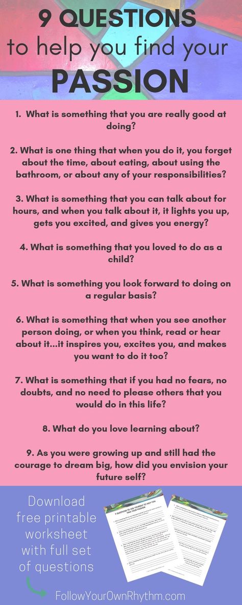 If you are struggling with finding your passion, don't know what you want to do with your life, and want more clarity, then let these 9 questions guide you! You can download the worksheet with these 9 questions for free on my website.  Click the link! -- personal growth, life purpose, dreams, goals, dream life, success, happiness, fulfillment, freedom How To Believe, Find Your Passion, Journal Questions, Questions To Ask Yourself, Journal Writing Prompts, Life Success, Know What You Want, Ask Yourself, Self Care Activities