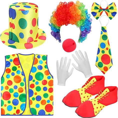 Amazon.com: Clown Costume Set of 8, Include Red Clown Nose, Clown Shoes, Clown Vest, Clown Hat, Clown Wig, Clown Bow Tie and White Gloves Clown Accessories for Kids Adult Carnivals Halloween Funny Pretend Play : Clothing, Shoes & Jewelry Clown Bow Tie, Clown Hair, Clown Accessories, Clown Costumes, Clown Wig, Clown Suit, Clown Hat, Clown Clothes, Clown Nose