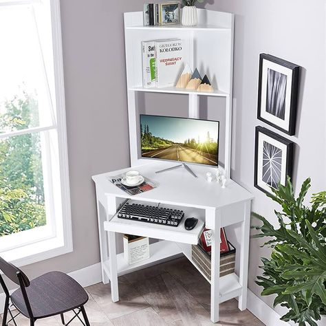 Amazon.com: Tangkula White Corner Desk with Hutch, 90 Degrees Triangle Computer Desk with Keyboard Tray & Bookshelves for Small Space, Space Saving Writing Desk with Storage Shelves for Bedroom Apartment : Home & Kitchen Corner Desks For Small Spaces, Home Office In Bedroom, Office In Bedroom, Diy Hutch, White Corner Desk, Small Bedroom Office, Bookshelves For Small Spaces, Corner Desk With Hutch, Corner Workstation