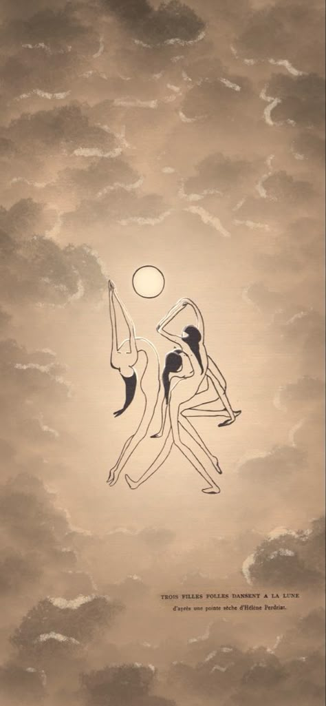 Depicts an abstract ink drawing of three women dancing under the moon, framed by moonlit clouds. The name of the drawing and artist are written in a typewriter’s font in the bottom left. Dancing Around The Moon Tattoo, Women Dancing Under The Moon Tattoo, Dancing Moon Tattoo, Dancing With My Demons Tattoo, Three Witches Dancing Tattoo, Dancing Sun Tattoo, Moon Dance Tattoo, Witch Circle Tattoo, Dancing Women Drawing