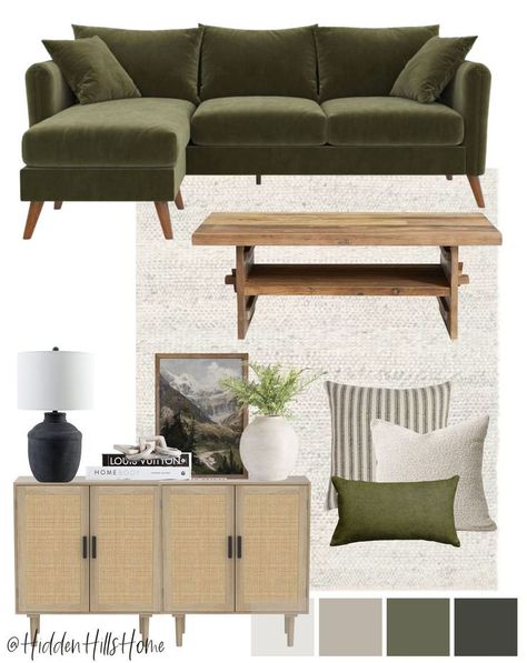 Green Sofa Kitchen, Couch Mix And Match Living Rooms, Sitting Room Green Sofa, Green Sofa Coffee Table, Green Couch Living Room Mid Century, Blue And Green Couch Living Room, Fern Green Living Room Ideas, Earth Tone Living Room Green Couch, Green Living Room Sofa Color Scheme