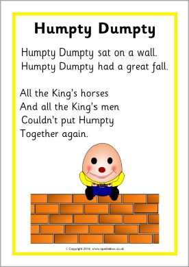 Humpty Dumpty rhyme sheet (SB10738) - SparkleBox Rhyming Poems For Kids, Nursery Rhyme Crafts, Preschool Poems, Nursery Rhymes Poems, English Poems For Kids, Rhymes Lyrics, Nursery Rhymes Lyrics, English Rhymes, Nursery Rhymes Preschool