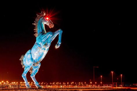 Blucifer: What's the Story With Denver Airport's Scary Horse Statue? Denver Airport Horse, Blucifer Denver, Scary Horse, Blue Mustang, Denver Airport, Nightmare Fuel, Denver International Airport, Airport Design, Horse Statue