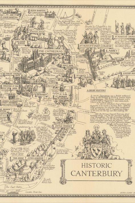 Immerse yourself in history with our Illustrated Vintage Map of Historic Canterbury 1952 Poster. This antique pictorial print captures the essence of England's past, offering a unique glimpse into the charm of Canterbury. Old Map Illustration, Sketches Procreate, Maps Illustration Design, Magazine Artwork, Photo Branding, The Canterbury Tales, Canterbury England, England History, Artwork Sculpture