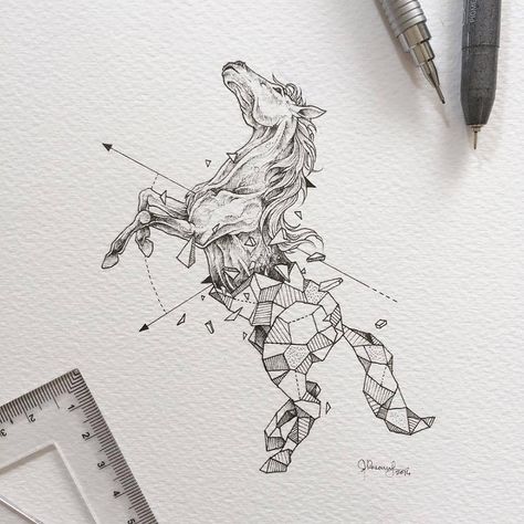 Wild Animals Intricate Drawings Fused With Geometric Shapes | 99inspiration Horse Tattoo Design, Kerby Rosanes, Geometric Drawing, Horse Tattoo, Geometric Animals, Beautiful Drawings, Animal Tattoos, Horse Art, Geometric Art